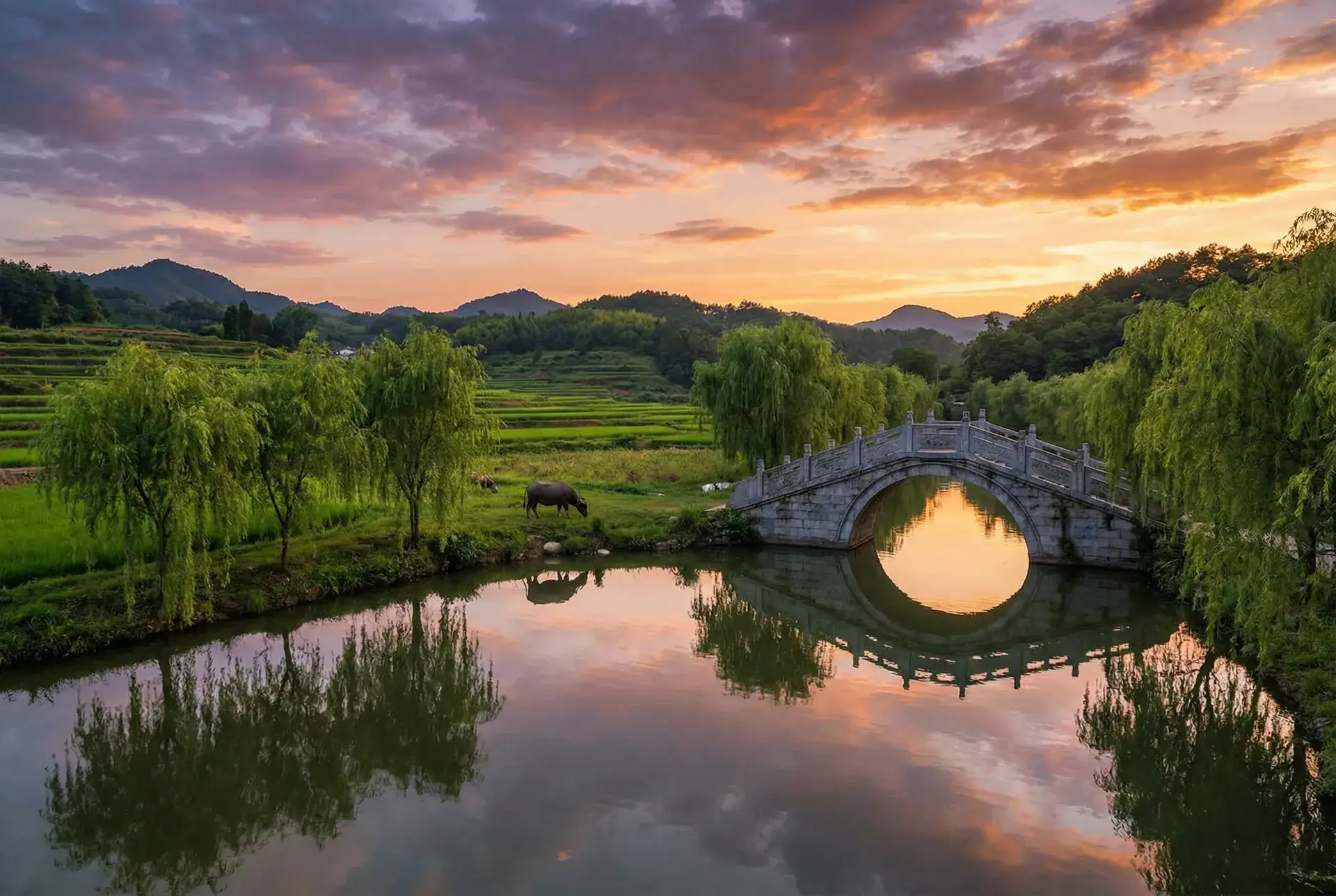 夕阳下的石拱桥与垂柳，水牛在河边吃草 - 四平青年1完整版 乡村美景